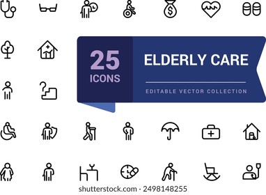 Paquete de iconos de cuidado de ancianos. Conjunto de iconos de esquema relacionados con la jubilación. Conjunto de iconos de ui de Web lineal delgado minimalista. Ilustración de trazo de Vector editable simple.