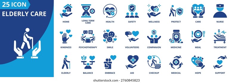 elderly care icon set collection in solid glyph dual color style. pack contain home, companion, long term, care, treatment, aid, checkup, care, smile, meal icon
