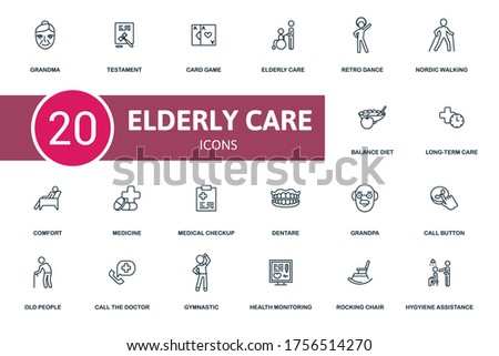 Elderly Care icon set. Collection contain grandma, health monitoring, call buttom, card game and over icons. Elderly Care elements set.