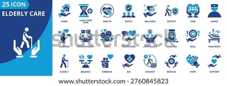 elderly care icon set collection in solid glyph dual color style. pack contain home, companion, long term, care, treatment, aid, checkup, care, smile, meal icon