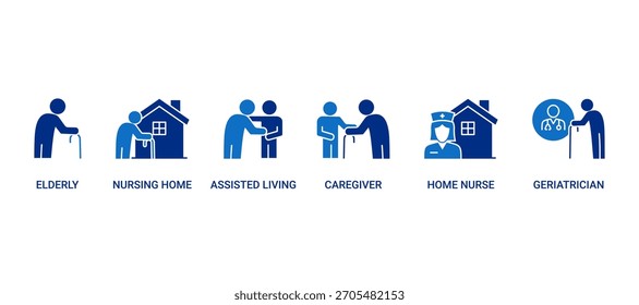 Conjunto de iconos de cuidado de ancianos que contiene iconos de ancianos, hogares de ancianos, vida asistida, cuidadores, enfermeras a domicilio y geriatras vectoriales