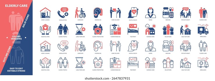Elderly Care icon set. Humanitarian Aid, Caregiver, Assisted Living, Psychotherapy, Digital Health, Ambulance, Volunteers, Nursing Home. Duotone color solid and editable outline icons
