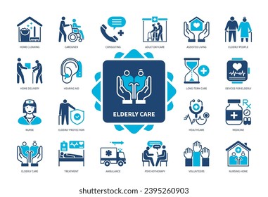 Das Symbol für ältere Menschen wird gesetzt. Langzeitpflege, Betreuer, Assistenzleben, Psychotherapie, Beratung, Krankenwagen, Hausreinigung, Pflegeheim. Duotone-Farbsymbole