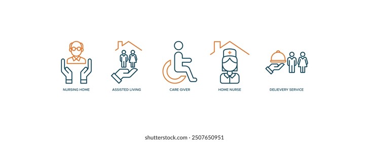 Elderly care icon vector illustration banner web concept for elder people support with an icon of caregiver, nursing home, assisted living, home nurse and delivery service