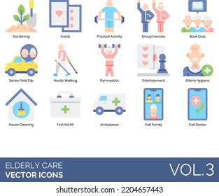 Elderly Care Icons Including Aging, Alzheimer, Dementia, Ambulance, Assistance, Assisted Living, Balanced Diet, Book Club, Call Button, Doctor, Family, Cards, Caregiver, Senior