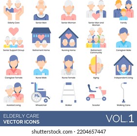 Elderly Care Icons Including Aging, Alzheimer, Dementia, Ambulance, Assistance, Assisted Living, Balanced Diet, Book Club, Call Button, Doctor, Family, Cards, Caregiver, Senior