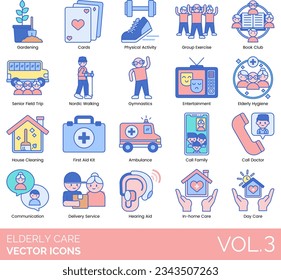 Elderly Care Icons Including Aging, Alzheimer's, Dementia, Ambulance, Assistance, Assisted, Living, Balanced, Diet, Book, Club, Call, Button, Doctor, Family, Cards, Caregiver, Checkup, Communication