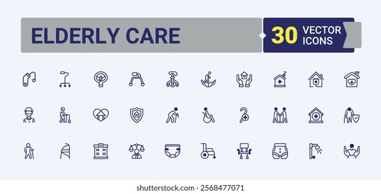 Elderly Care icons set in linear style. Includes thin line walk, medical, support, stick, wheelchair, health and more. Minimal icons. Solid line editable vector illustration.