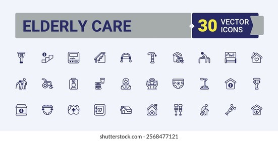 Elderly Care icons set in linear style. Includes thin line walk, medical, support, stick, wheelchair, health and more. Minimal icons. Solid line editable vector illustration.