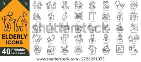 Elderly care icons set. Senior people, healthcare, grandparents, family, retirement, old, wheelchair, support editable stroke vector symbols.