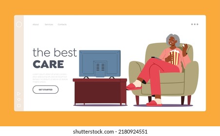 Elderly Care Landing Page Template. Old Lady Home Sparetime, Black Senior Woman Watch Tv With Popcorn. Aged Character Sit On Sofa With Cat Having Fun Watch Program. Cartoon People Vector Illustration