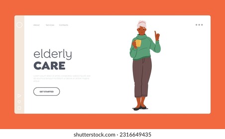 Elderly Care Landing Page Template. Experienced Senior Woman with Cup Confidently Pointing Up, Displaying Her Wisdom And Knowledge With A Gesture Of Guidance. Cartoon People Vector Illustration