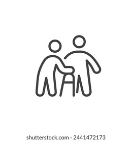 Elderly Care line icon. linear style sign for mobile concept and web design. Elderly person caregiver support outline vector icon. Volunteering symbol, logo illustration. Vector graphics