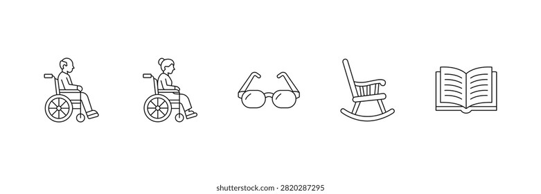 Elderly care line icon set featuring senior people, wheelchair, eyeglasses, rocking chair, and open book vector illustration.