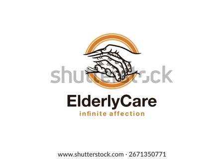 Elderly care logo with holding hands and sun arc, symbolizing compassion, support, and family protection.
