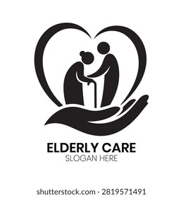 Elderly Care logo presents a compassionate design featuring senior figures embraced within a protective heart and supportive hands. This heartwarming visual style is highly effective for senior living communities, elder care assistance programs, retirement homes, healthcare organizations, or nursing agencies requiring a trusted identity.
