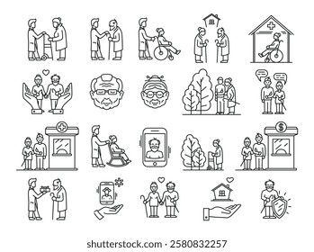 Elderly care medical social support line icon set vector illustration. Senior mature people help assistance retirement hospital exam healthcare home love walking gift talk and protection