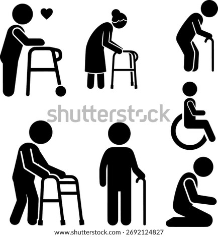 Elderly Care, Mobility, and Disability Stick Figures Set