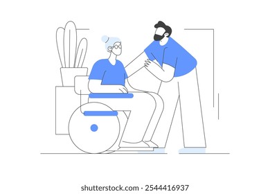 Elderly care. Nurse or doctor taking care of elderly woman on wheelchair. Nursing home concept. Assisted living. Residential care facility. Senior lady with disability.Flat Cartoon Vector Illustration