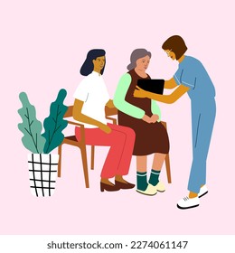 Elderly Care and Nursing Home Concept. Nurses speaking and teaching  senior woman. Help for seniors with disabilities.  Vector illustration isolated on  background.