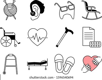 Elderly care in nursing home decorative icons set of wheelchair crutch tonometer medication board games isolated elements flat vector illustration