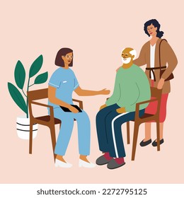 Elderly Care, Nursing Home, Dementia Concept. Doctor or nurse speaking with relative or family member of senior man. Set of hand drawn vector illustration isolated background.