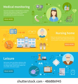 Elderly care in nursing home horizontal banners with tools for medical monitoring and free time elements flat vector illustration  