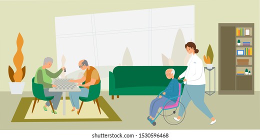 Elderly care, nursing home, sanatorium, health care and assisting old patients flat vector illustration. A nurse carries an old man on a wheelchair, old people play chess.