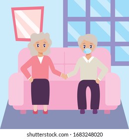 elderly care, old couple sitting on the sofa vector illustration design