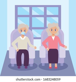 elderly care, old couple sitting on the sofa vector illustration design