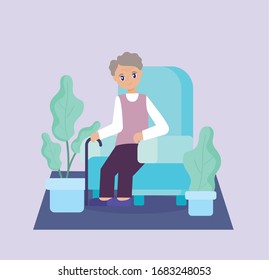 elderly care, old man sitting on the sofa vector illustration design