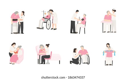 elderly care, old people care activities cartoon flat design