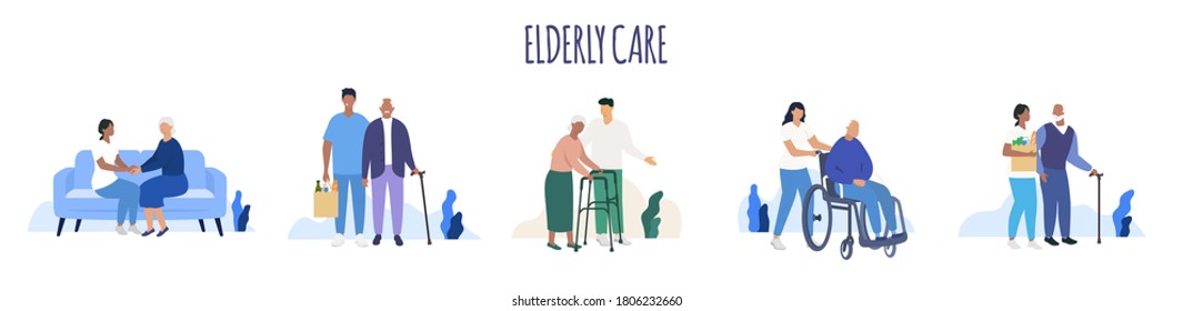 Elderly care. Old people. Aged seniors nurse care. Seniors. Vector