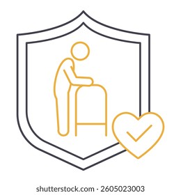 Elderly Care Protection. Senior person with walker under shield and heart checkmark for safety, insurance, and healthcare assistance. Editable Stroke Icon.