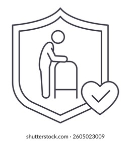 Elderly Care Protection. Senior person with walker under shield and heart checkmark for safety, insurance, and healthcare assistance. Editable Stroke Icon.
