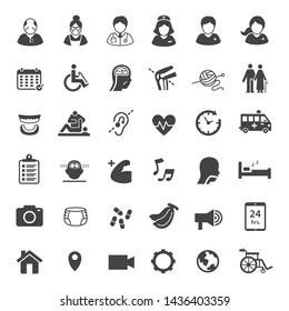 elderly care related vector icons, nursing care service, medical and rehabilitation for old people set