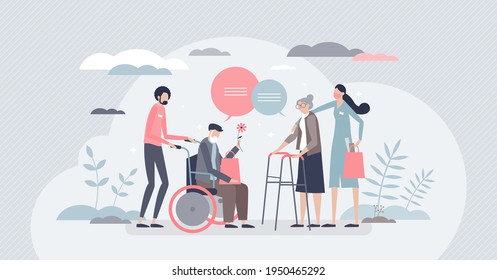 Elderly care as retirement senior support and assistance tiny person concept. Old pensioner nursing and health rehabilitation in hospital with nurses vector illustration. Social home patient service.