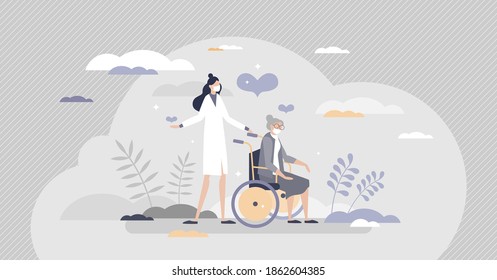 Elderly care as senior assistance with health support tiny person concept. Nursing old pensioner with wheelchair for mobility in social house vector illustration. Medical help from loving nurse scene.