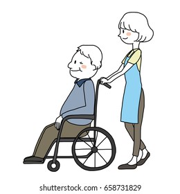 Elderly care service concept with smiling female caregiver taking care of happy elderly man on wheelchair. Vector illustration with hand-drawn style.