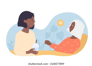 Elderly care service for seniors people. Volunteer girl nurse helping and supporting old african woman flat vector illustration