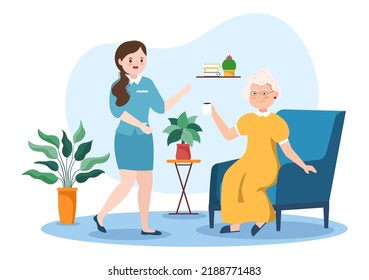 Elderly Care Services Hand Drawn Cartoon Flat Illustration with Caregiver, Nursing Home, Assisted Living and Support Design