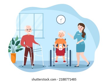 Elderly Care Services Hand Drawn Cartoon Flat Illustration with Caregiver, Nursing Home, Assisted Living and Support Design