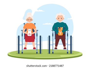 Handgezeichnete Cartoon-Flach-Illustration für ältere Pflegedienste mit Betreuer, Krankenpflegepersonal, unterstütztes Leben und Design der Unterstützung