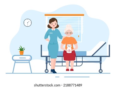 Elderly Care Services Hand Drawn Cartoon Flat Illustration with Caregiver, Nursing Home, Assisted Living and Support Design
