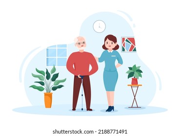 Elderly Care Services Hand Drawn Cartoon Flat Illustration with Caregiver, Nursing Home, Assisted Living and Support Design