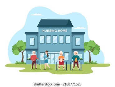 Servicios de atención a personas de edad avanzada: Ilustración plana de caricaturas con cuidador, hogar de enfermería, diseño de vida asistida y soporte
