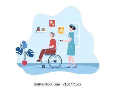 Servicios de atención a personas de edad avanzada: Ilustración plana de caricaturas con cuidador, hogar de enfermería, diseño de vida asistida y soporte