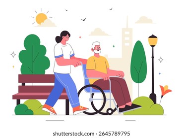 Elderly Care Services Vector Illustration Featuring Life with a Caregiver, Nursing Home, Assisted Living, and Support in a Flat Style Background