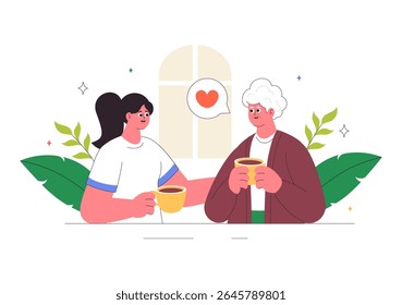 Elderly Care Services Vector Illustration Featuring Life with a Caregiver, Nursing Home, Assisted Living, and Support in a Flat Style Background