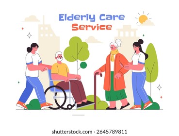 Elderly Care Services Vector Illustration Featuring Life with a Caregiver, Nursing Home, Assisted Living, and Support in a Flat Style Background